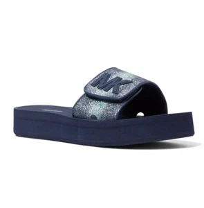 New! MICHAEL KORS ~Size 8~ Glitter MK Logo Platform Open-Toe Slide Sandals Blue - Picture 1 of 7