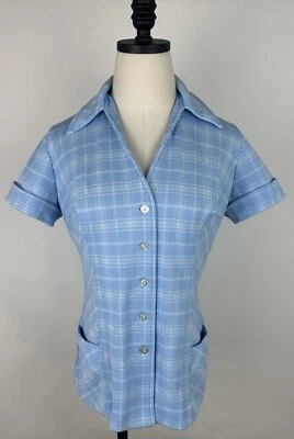 Vintage 70s Dagger Collar Blouse M Pastel Blue Plaid Double Knit Polyester Mom  - Image 1 of 4