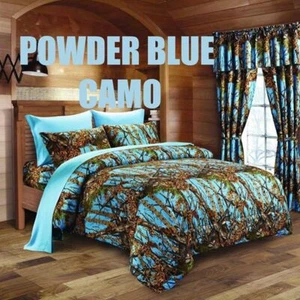 Powder Blue Camo 12 pc Queen size Comforter and Sheets pillowcases curtains set - Picture 1 of 3