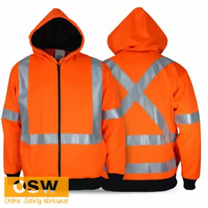 Hi Vis Orange D/N Safety Work Rail Orange Full Zip 'X' Cross Back Fleecy Hoodie - Picture 1 of 3