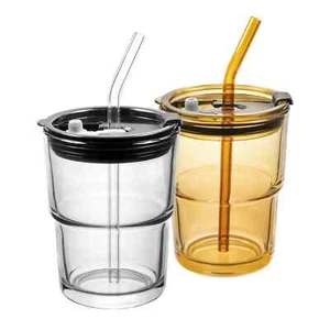 2er Set 400 ml Gläser Set mit Deckel und Strohhalm, Trinkbecher To Go Glasbecher - Bild 1 von 11