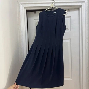 H&M Womens Size 8 Dress Navy Blue Woven A Line Zipper Sleeveless Pleated Dress - Picture 1 of 8
