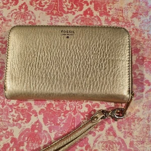 FOSSIL Cowhide Leather Wristlet Zip Wallet In Tan/gold - Picture 1 of 7