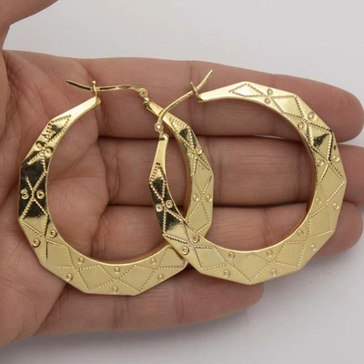 Pendientes de aro con textura en forma de rombo de 2" chapados en oro amarillo de 14K plata 925 Foto 1 de 4