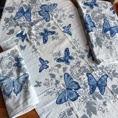 Juego de 3 toallas mariposa de colección años 70 azul baño mano rizo tela flores moda Foto 1 de 4