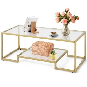 Coffee Table Rectangular Tempered Glass Accent Table Golden Frame Living Room - Picture 1 of 15