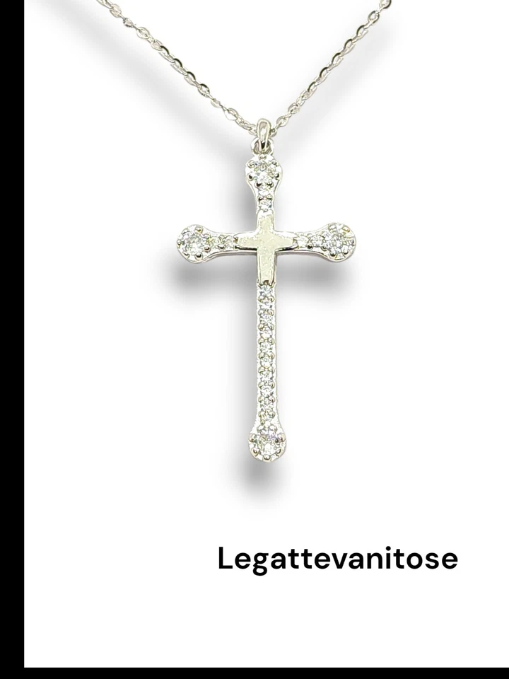 collana Donna con croce  argento 925 rodiato . croce con zirconi  Catenina 50 cm - Immagine 1 di 4