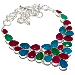 Emerald(Simulated), Ruby Gemstone 925 Sterling Silver Jewelry Necklace 18" - Picture 1 of 1