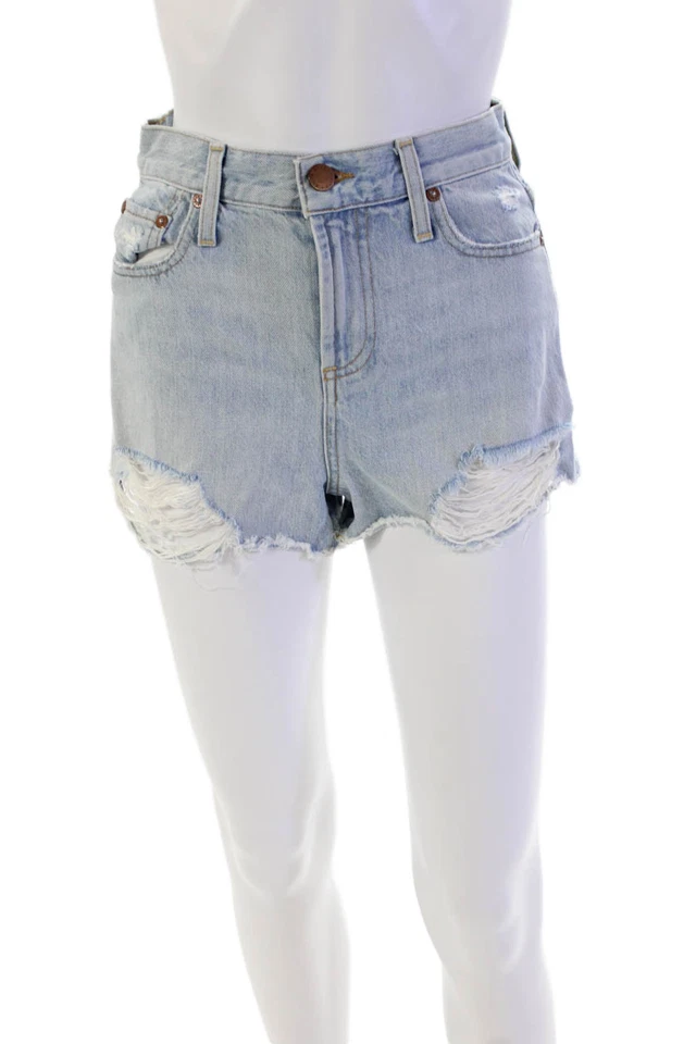 Shorts jeans feminino Alice + Olivia algodão com zíper botão angústia azul tamanho UE - Imagem 1 de 4