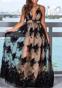 Dokotoo Formal Dresses Deep V-Neck Embroidered Lace Mesh Evening Party... - Picture 1 of 12