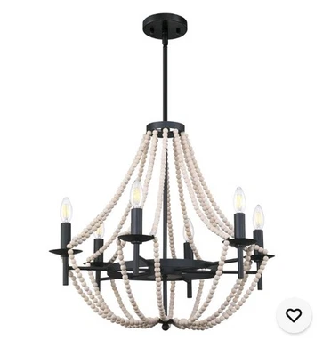 Lámpara de araña Doriami de 6 luces de madera envejecida con cuentas de acero negro estilo vela Foto 1 de 4