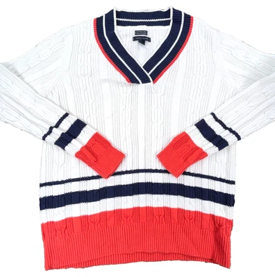 Tommy Hilfiger Suéter Mujer Grande Blanco Rojo Cable Tejido Cuello en V Cricket Tenis Foto 1 de 4