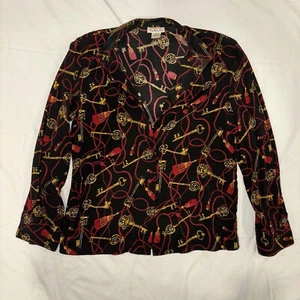 Talbots Pure Silk Blouse Gold Key And Tassel Print Button Up Long Sleeve Size 8 - Picture 1 of 5