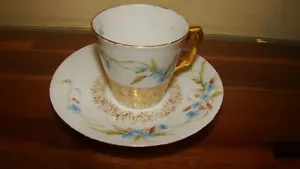 Porcelain Demitasse Cup Saucer Blue Dainty Flowers Gold Signed Antique - Picture 1 of 4