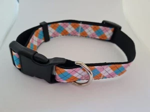 Pink blue and orange argyle print adjustable dog collar medium size - Bild 1 von 2