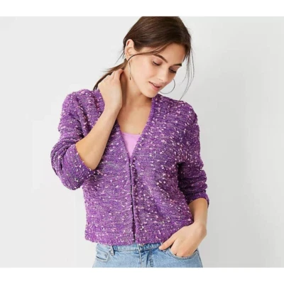 Chaqueta Suéter Ann Taylor Tweedy Púrpura Rosa Cuello en V Pequeña Foto 1 de 4