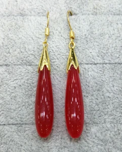 Red Multicolor Jade Agate Long Water Drop Teardrop 18KGP Hook Dangle Earrings - Picture 1 of 24