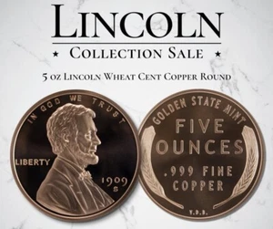 Centavo de trigo Lincoln de 5 oz .999 fino cobre redondo Golden State Mint ¡EN STOCK! - Imagen 1 de 4