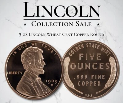 5 oz Lincoln Wheat Cent PENNY .999 FINE Copper Round Golden State Mint IN STOCK! - Image 1 of 4