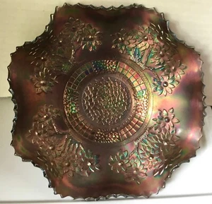 Vintage FENTON Orange Tree ~8-1/2 inch Ruffled “Peacock” Carnival Glass Bowl - Picture 1 of 5