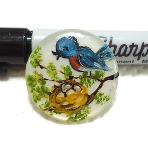 Vintage Artisan Painted Lucite Button 1 1/8" BLUE BIRD & NEST - Picture 1 of 5