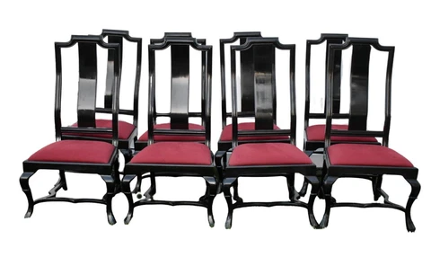 Vintage Set of Eight Mandarin Style Dining Chairs w/Black Lacquer Finish Cover