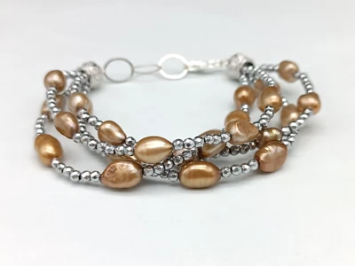 bracciale donna multifilo perle barocche naturali argento 925 ematite - Immagine 1 di 4