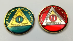 Lot of 2 AA Sobriety Coins Medallions Red & Green Enamel, Unity Service Recovery - Picture 1 of 4