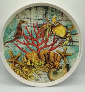PRECIDIO Sea Ocean Life Melamine Round Tray With Handles 14" Summer Beach House - Picture 1 of 6
