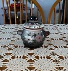 Vintage Red Clay Hand Painted Floral Handled Crock Bean Pot With Lid