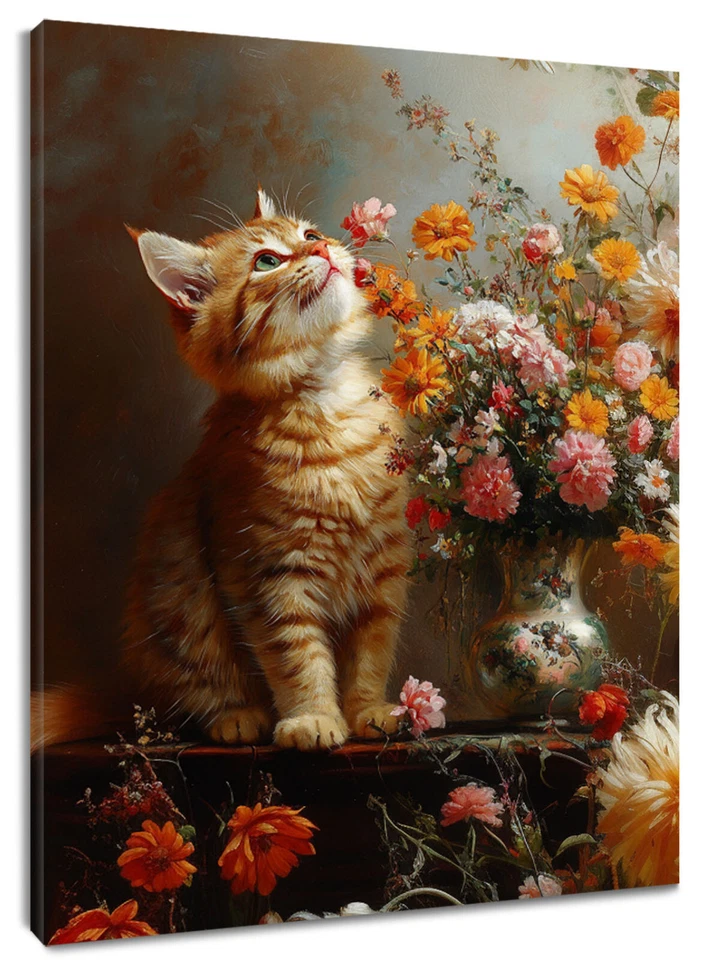 Funny Cat Botanical Pink Wildflower Canvas Wall Art for Bathroom Living Room - Image 1 of 4