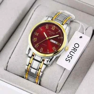 Mens Elegant Quartz Red Dial Stainless Steel Two Tone Case Day & Date Wristwatch - Picture 1 of 2