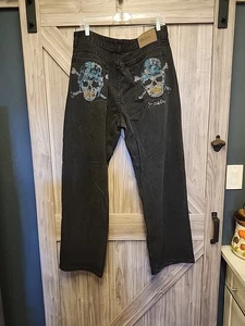 Empire Bigland Men's Baggy Y2k Skull Denim Jeans 36x33 Wash Skater Grunge Black - Foto 1 di 12