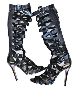 RARE Schutz Eirini Caged Black Knee High Stiletto Heel Gladiator Shoes Sz 6B US - Picture 1 of 11