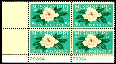 MISSISSIPPI 150 YRS STATEHOOD US 1337 MAGNOLIA STATE FLOWER 5c STAMP PLATE BLOCK - Image 1 of 2