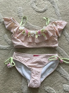 Kate Mack Biscotti Bikini Check Ruffles Pink Cream 7 Flowers - Picture 1 of 5