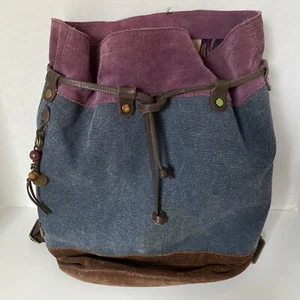 Lucky Brand Back Pack Bag Drawstring with Suede Bottom Denim 17x14 - Picture 1 of 24