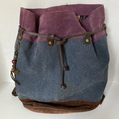 Lucky Brand Back Pack Bag Drawstring with Suede Bottom Denim 17x14 - Image 1 of 4