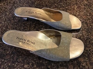 TARYN ROSE GOLD SPARKLE FSBRIC/ LEATHER SLIP ON SANDALS SIZE 39.5 NEW - Picture 1 of 6