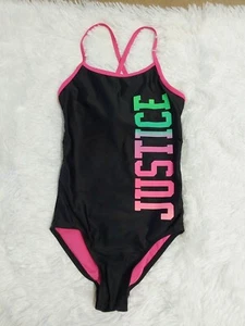 Justice Black One-Piece Swimsuit W/Multicolor Logo Adjustable Straps Size 7 - Picture 1 of 5