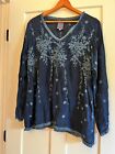 Johnny Was Blue Embroidered Cupra Rayon Tunic Top Size L