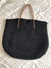 MERONA 20” BEACH BAG Black Tote - Lightweight Woven Paper w/ Leather Handles