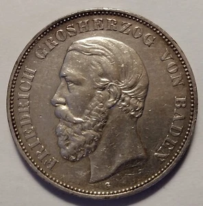 German States 1875-G Baden 5 Marks Extremely Fine Silver Coin - Picture 1 of 4