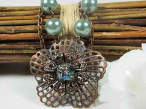Flower Necklace Green Antique Copper Filigree Pearl Pendant Garden Boho Hippie - Picture 1 of 5