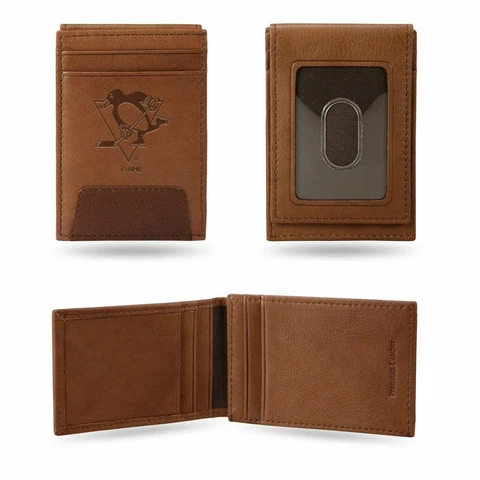 Pittsburgh Penguins Premium Brown Leather Money Clip Front Pocket Wallet Hockey Cover
