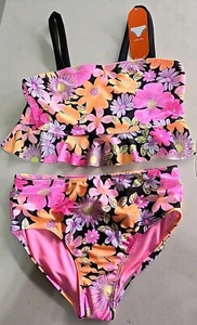 Wonder Nation Girls Large (10-12) Pink Floral Ruffle 2-Piece Tankini Swimsuit - Picture 1 of 2