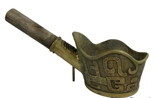 Antique Vintage Bronze Chinese Silk Iron Coal Pan with Wooden Handle, NICE! - Picture 1 of 5