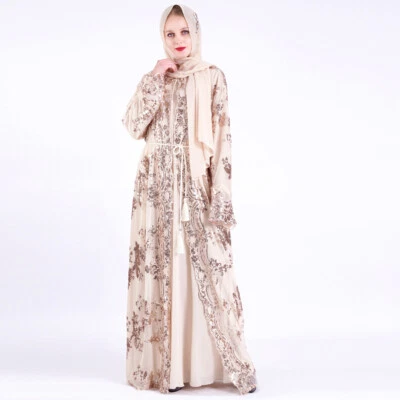 Muslim Women Sequins Abaya Kimono Open Kaftan Dubai Turkey Cardigan Long Dress - Image 1 of 4