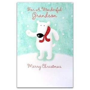 Cute CHRISTMAS Card FOR A WONDERFUL GRANDSON, Polar Bear Wave by PS Greetings +✉ - Picture 1 of 4
