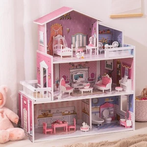 Robud Large Wooden Dolls House With Furniture & Staircase Kids Role Play Toy Set - Picture 1 of 9